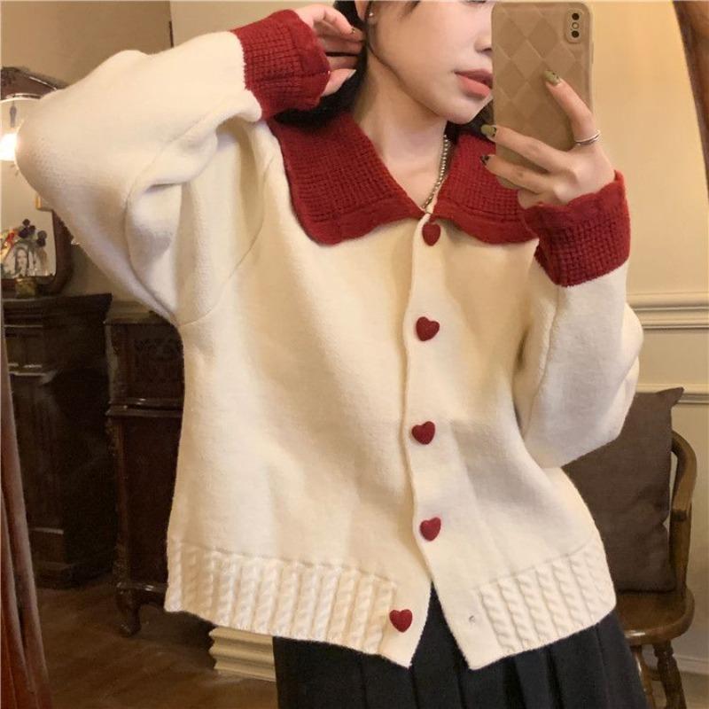 Women's Knitted Cardigan Christmas Style Blocking Color Single Breasted Button Woman Sweater Autumn Loose Comfortable Warm Famale Top