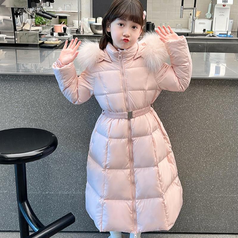 Зимняя одежда для девочек, длинная зимняя одежда, детская мода, пальто с большим меховым воротником