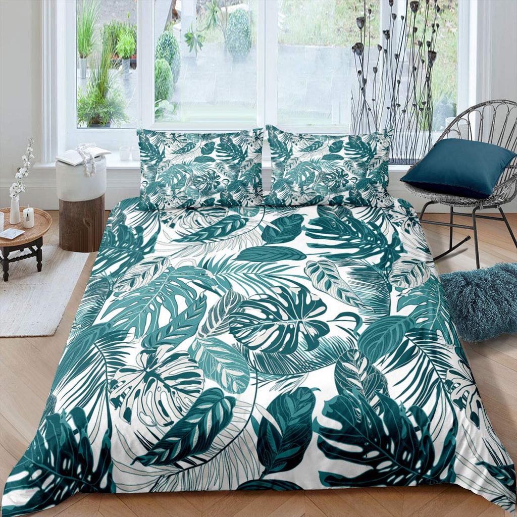 Palm Leaves Duvet Cover Monstera Leaf Comforter Covers Tropical Green Leaves Bedding Set White Marble Quilt Cover For Men Women