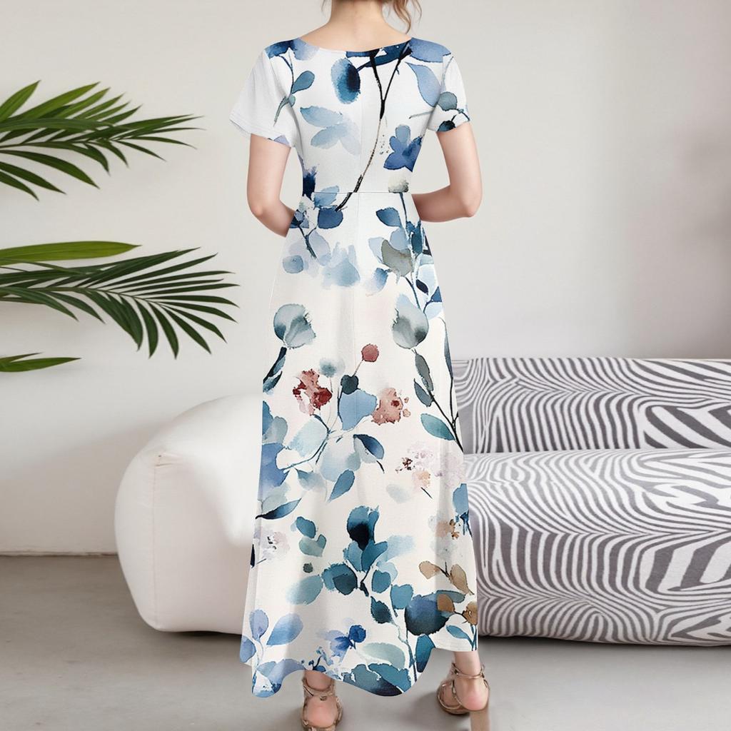 Women's Casual Fashion Print Long Dresses V-Neck Short Sleeve Dresses