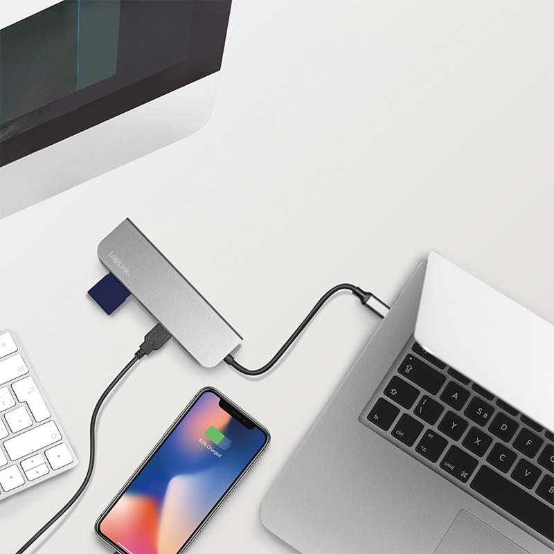 Hub USB-C 3.0 6in1 LogiLink hdmi 4K/30Hz PD SD card reader microSD 60W 4K