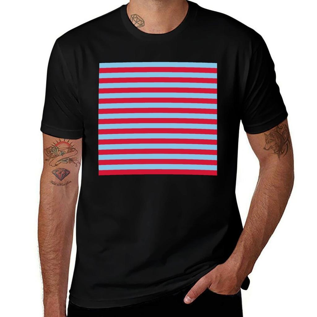 Small Red And Baby Blue Horizontal Stripes Tshirt Lightweight Basic Short Sleeve Shirt