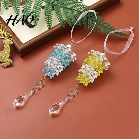 Christmas Garland Decor Acrylic Pine Cone Pendant with Faux Crystal Drop, Tree Elegant Hanging Xmas Baubles Ornaments, Transparent Gradient