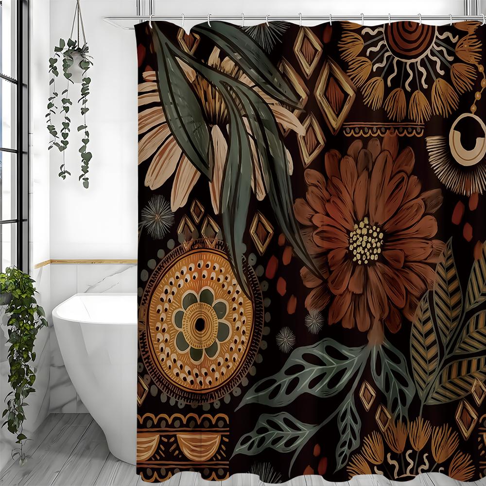 Vintage Floral Brown and Green Shower Curtain, Bathroom Decorative Shower Curtain, Waterproof Shower Curtain with Hooks