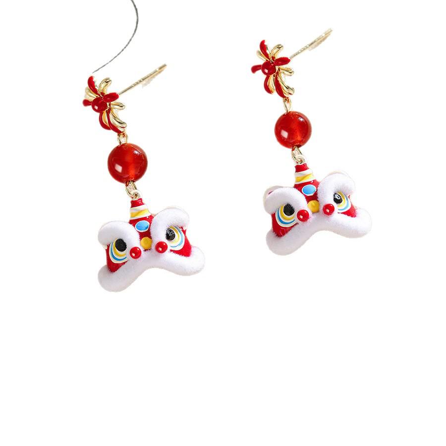 Silver Needle Dripping Oil Glass Lion Dance Earrings – Light Luxury, High-End Feel, Chinese New Year Festive Style Studs.
