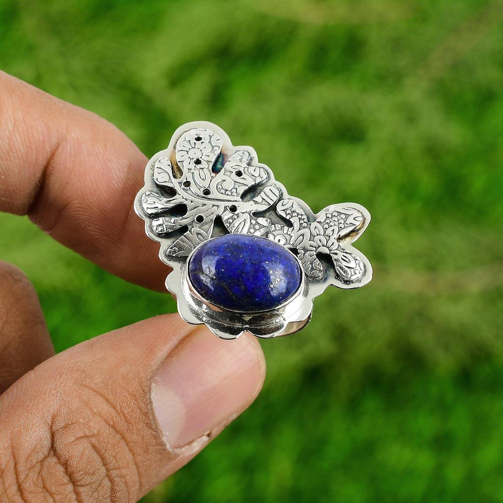 Natural Lapis Lazuli Gemstone Multi Stone Adjustable Ring 925 Silver For Girls