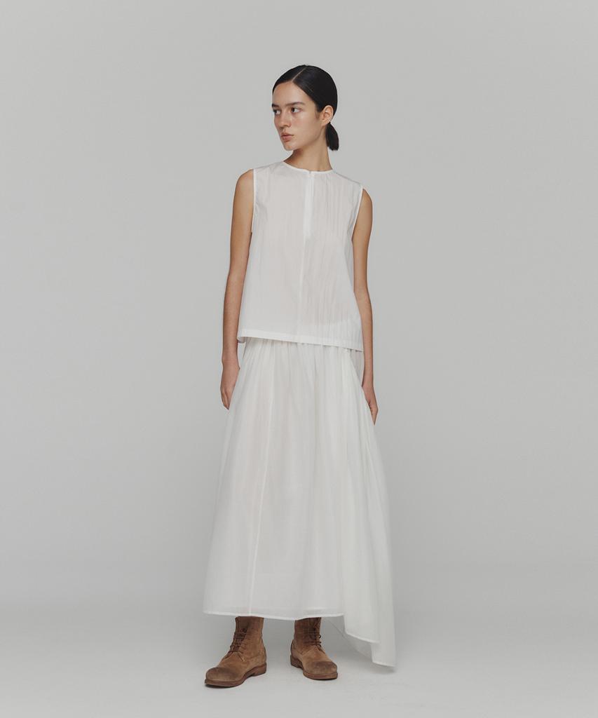 Amomento Drawstring Sheer Shirring Skirt_White