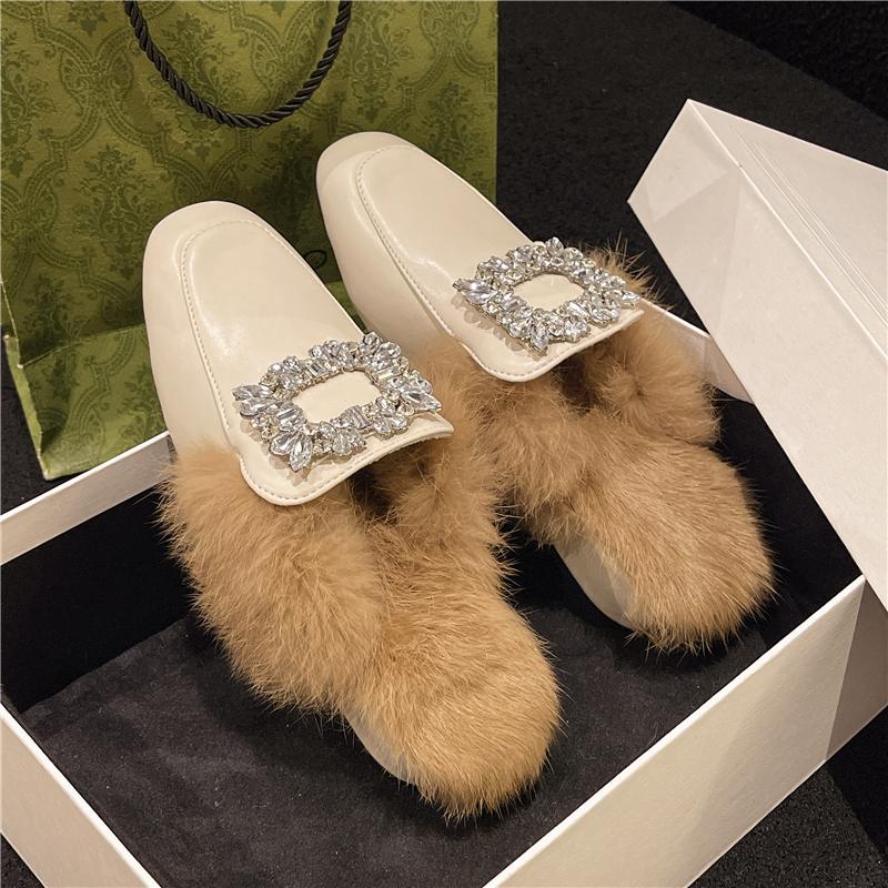Fashion Aphixta Crystal Buckle Dec Warm Winter Real Rabbit Fur Plush Women Slippers Furry Mules Shoes Square Toe Square Heel Hair Slides