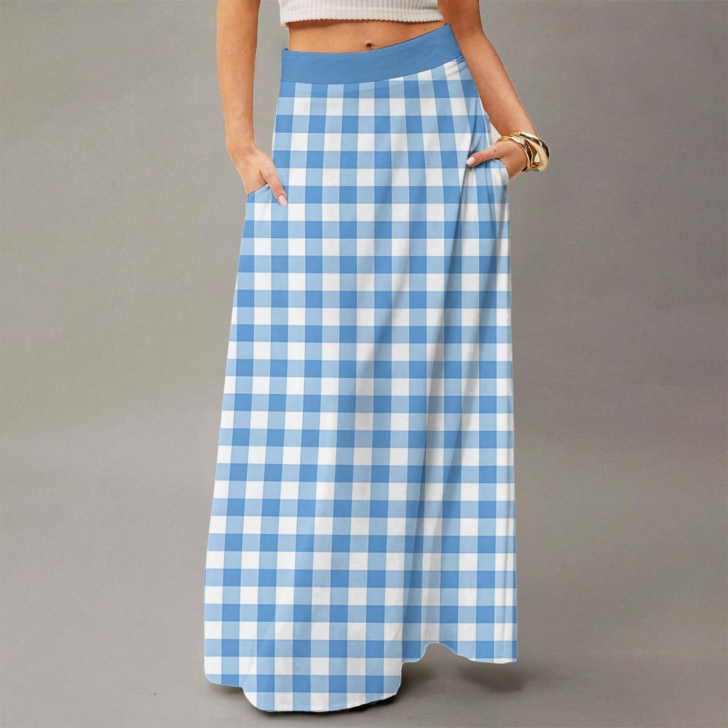 Женская повседневная складная юбка макси с высокой талией, драпированная, свободного кроя, с карманом, в полоску, в клетку