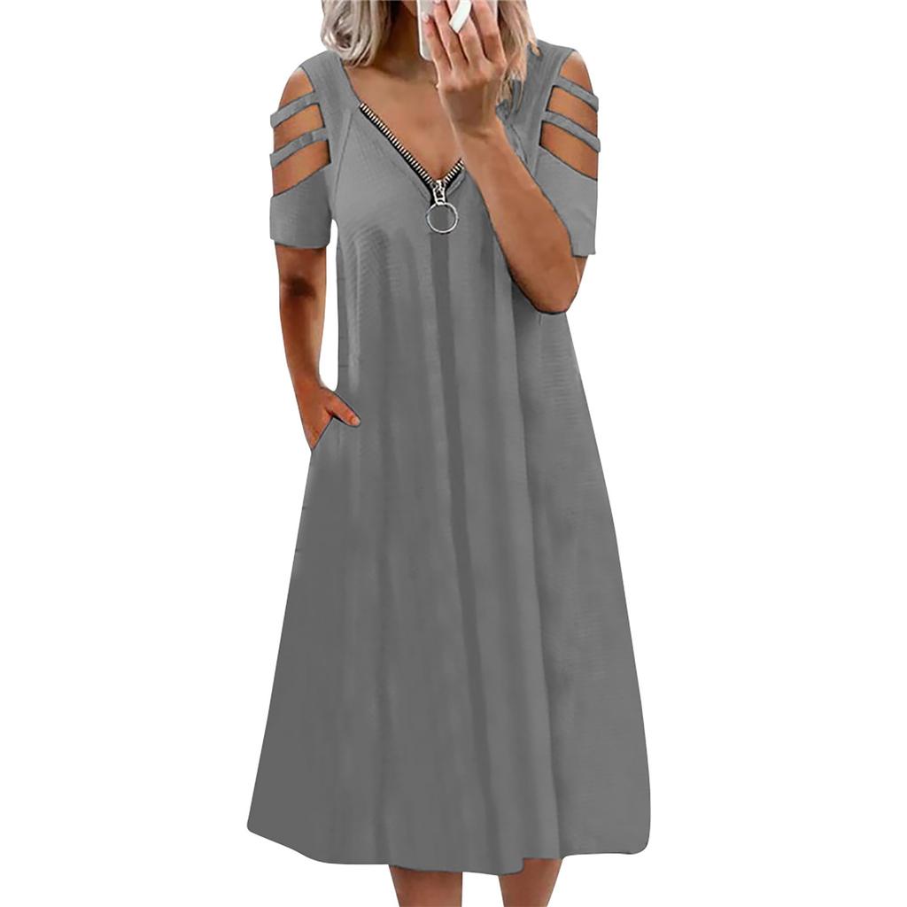 Летнее женское сексуальное однотонное платье на молнии с v-образным вырезом и короткими рукавами