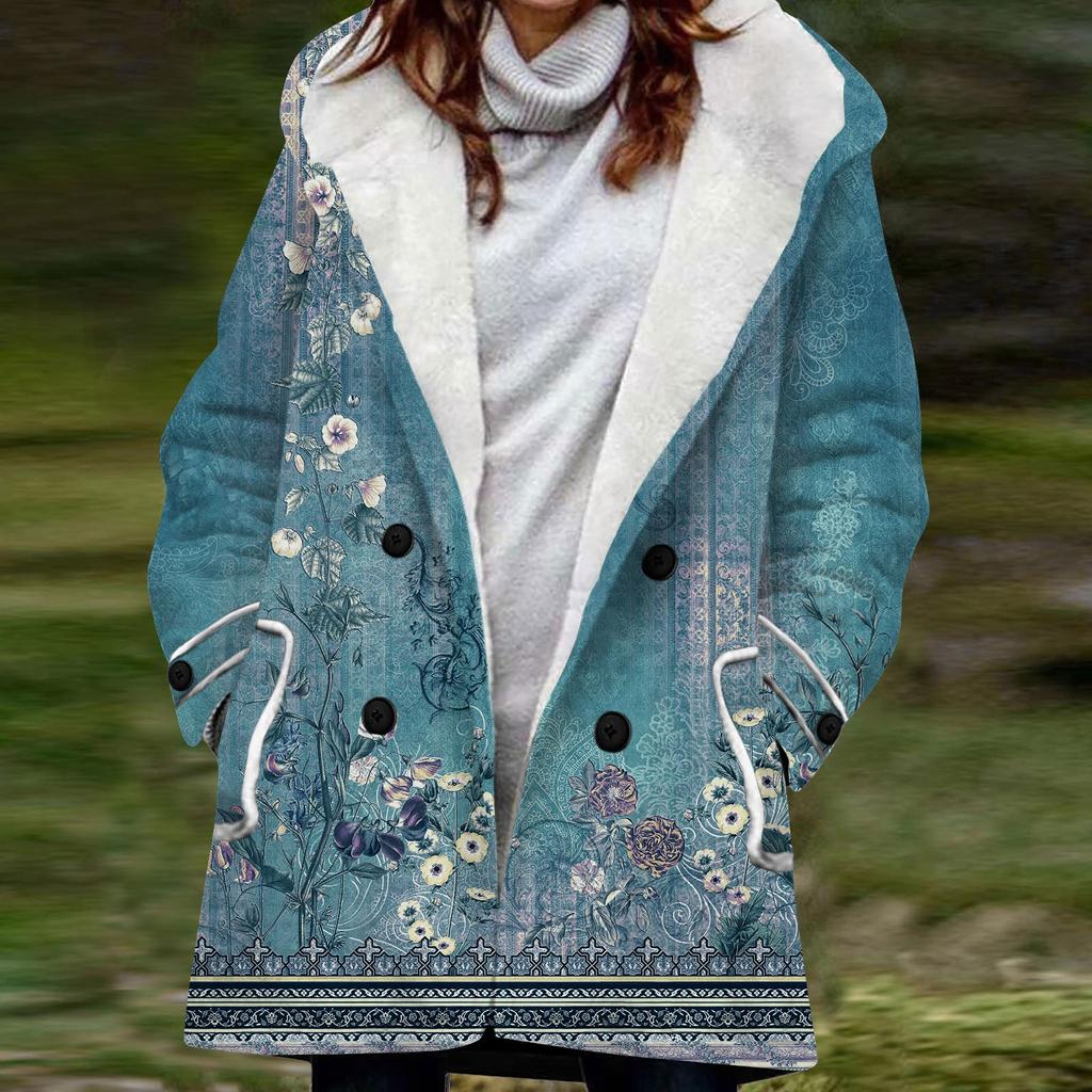 Женская большая куртка с теплой и плюшевой классической курткой на пуговицах с капюшоном и карманами в стиле ретро