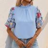 YYFS Women's Fashion Casual Summer Spring Flower Pattern Print Short Sleeve Stand-collar Blouses & Shirts