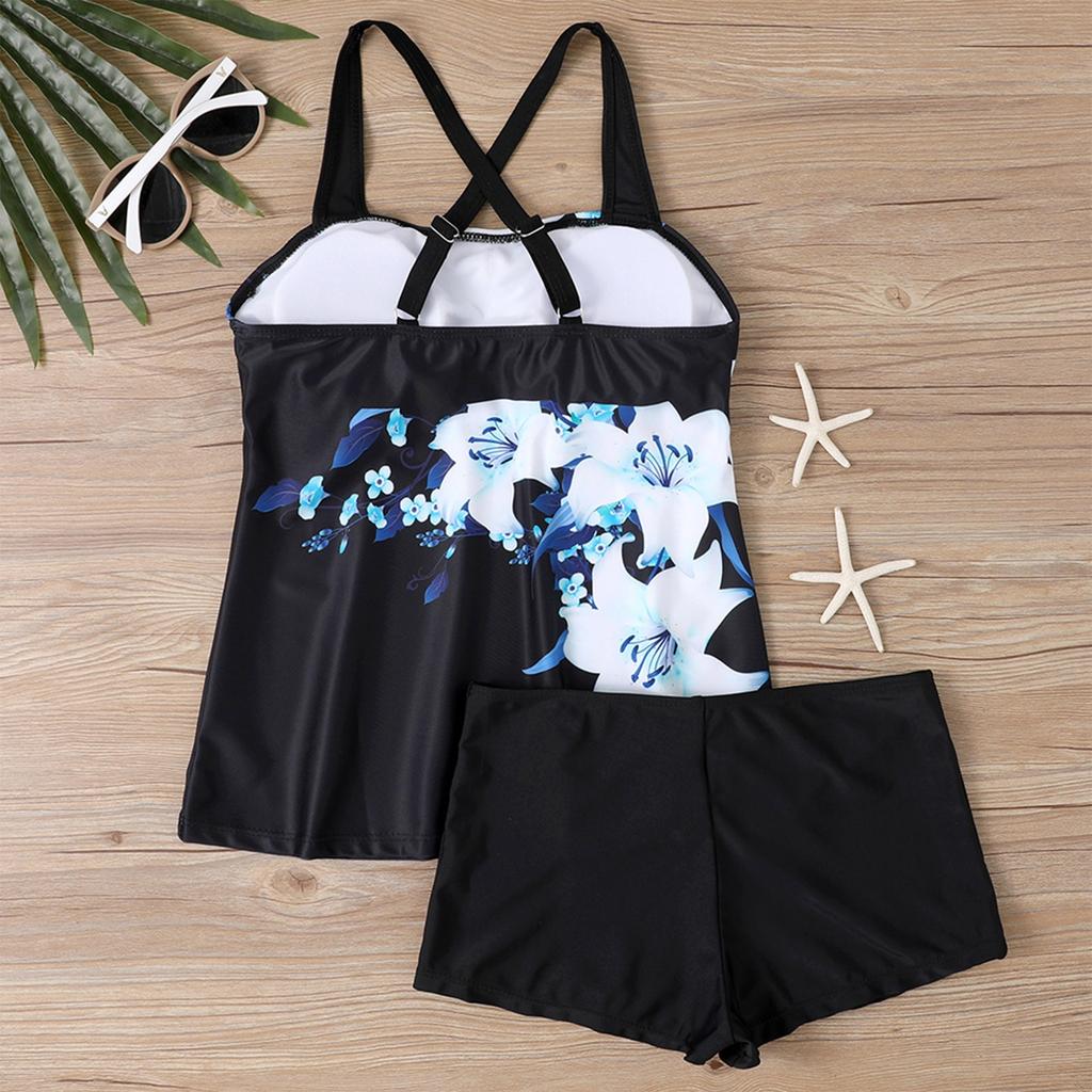 Women's Sexy Slim Fit Printed Sling Split Boxer Shorts Bikini Plus Size Swimsuit (Two Piece)