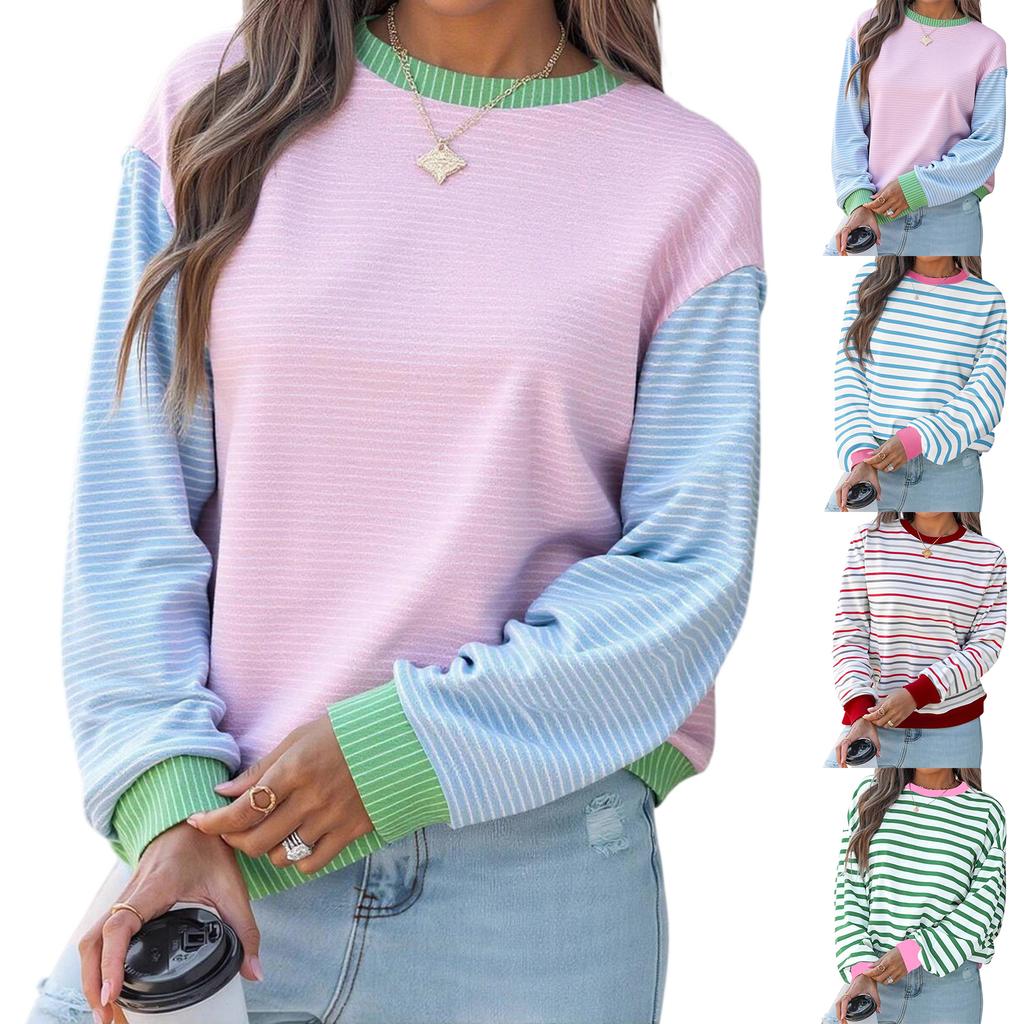 Женская футболка с круглым вырезом, полосатым принтом, длинным рукавом, свободного кроя