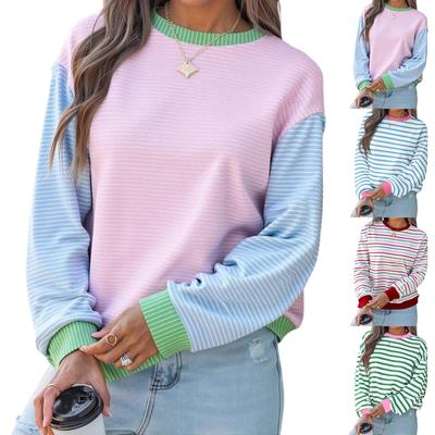 Женская футболка с круглым вырезом, полосатым принтом, длинным рукавом, свободного кроя