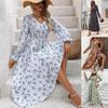 Women Spring Long Sleeve Floral Print V-neck Dress Summer Casual A-Line Ankle-Length Elastic High Waist Dresses