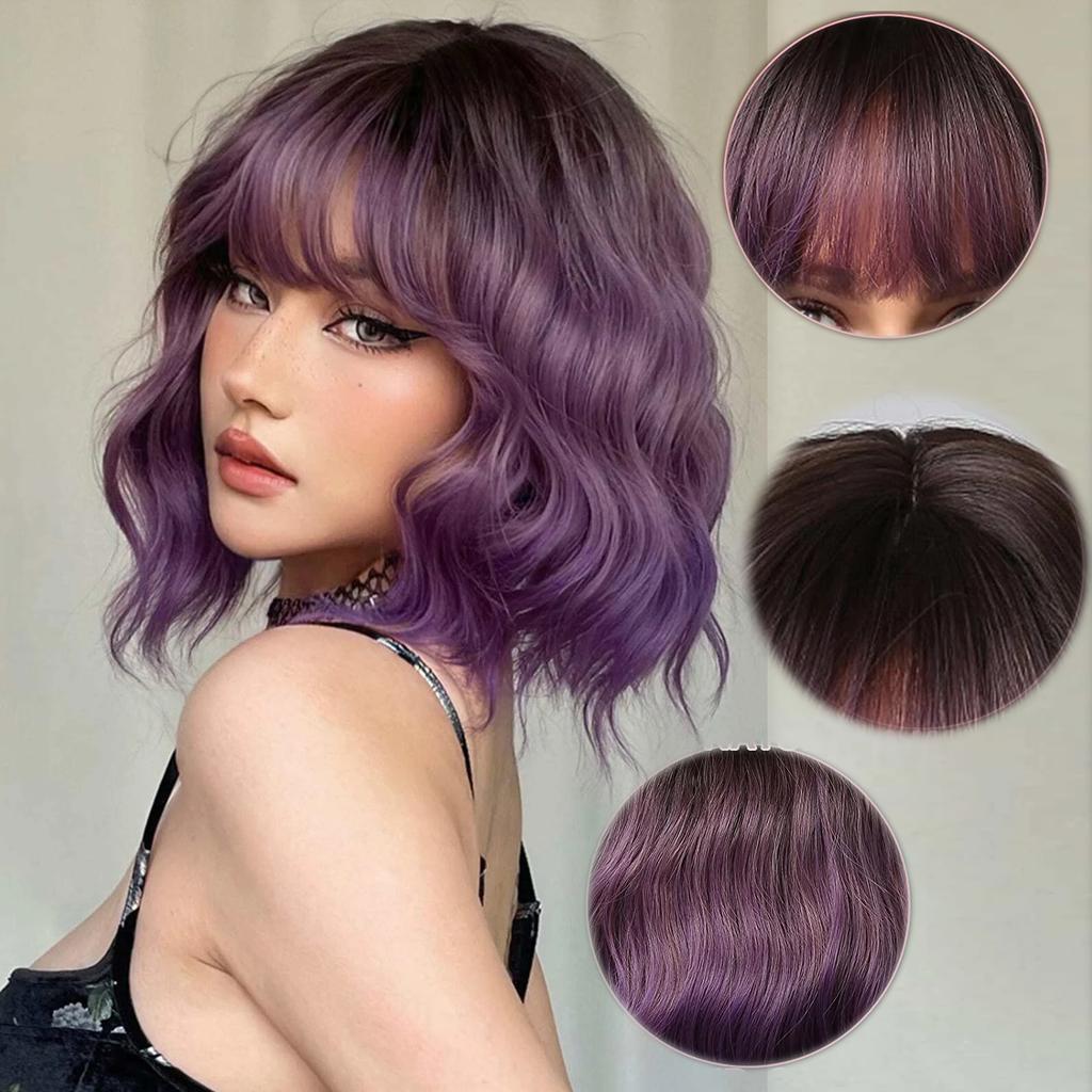 Короткие боб-парики серо-фиолетовые, синтетические, с челкой, кудрявые, для косплея, фиолетовое омбре, для женщин, афро, натуральная волна, термостойкие