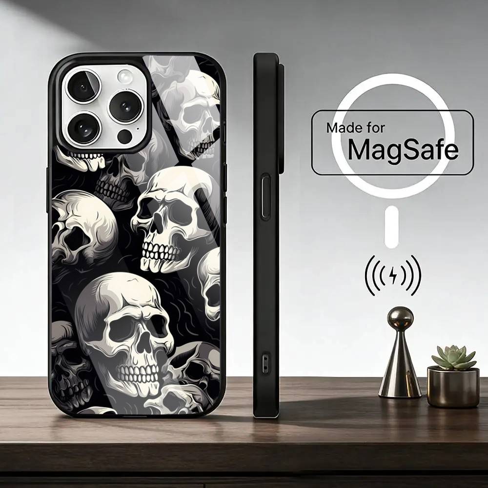 Skull Phone Case For iPhone17,16,15,14,13,12,11 Plus,Pro Magnetic with Magsafe Wireless Charging