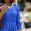 Летнее мини-платье с v-образным вырезом, рукавами три четверти, сплошной цвет, плиссированные карманы, свободная длина до середины икры, мягкая дышащая винтажная женская одежда