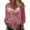 Women V-neck Sequin Long Sleeved Shirt Solid Color Loose Blouse Top Streetwear