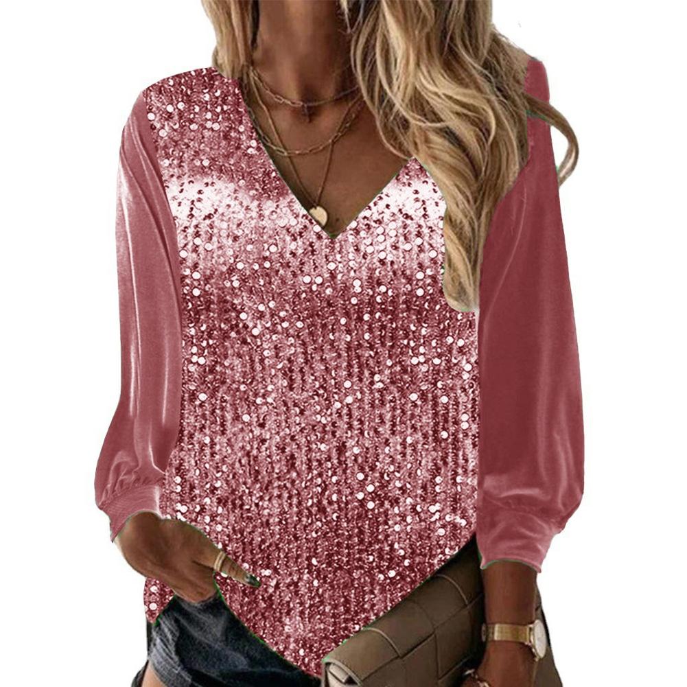 Women V-neck Sequin Long Sleeved Shirt Solid Color Loose Blouse Top Streetwear