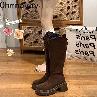 Зимние винтажные замшевые женские ботфорты до колена, модные молнии, рыцарские длинные ботильоны на платформе, толстая подошва, женские боты