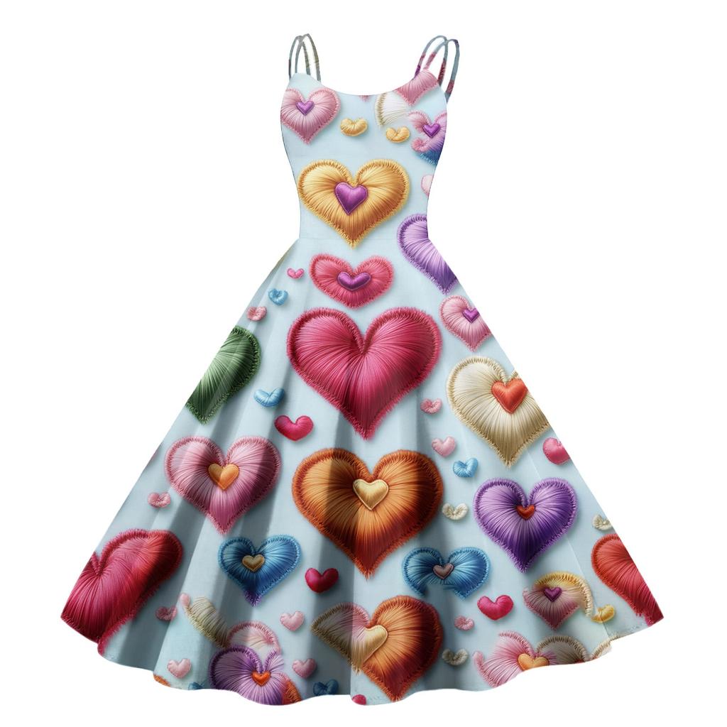 Women's Valentine's Day Love Heart Print Sexy Off Shoulder Vintage Dress