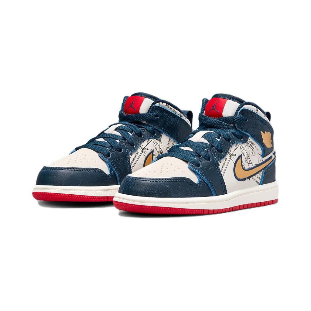 Air Jordan 1 Mid SE PS Take Flight Kids Sneakers Blue Armory-Navy Metallic-Gold FN1352-400