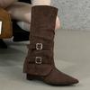 Замшевые женские высокие сапоги с острым носком, модные новые туфли на среднем каблуке 2025 года, дизайнерские сапоги средней длины для зимы в готическом стиле Botas De Mujer