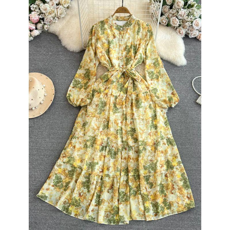 Long Sleeves Stand Collar A- Line Elegance Wide Hem Printed Dress
