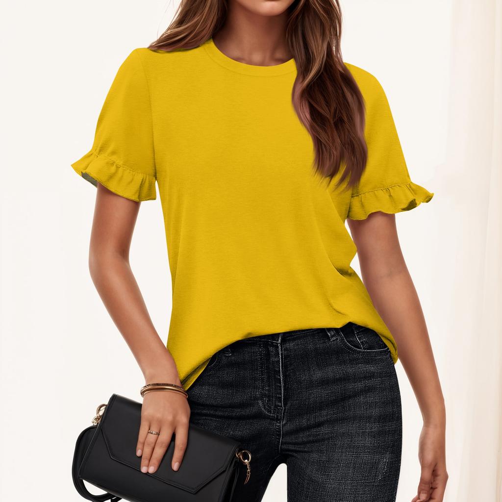 Ladies Summer Solid Color Short Sleeve Ruffle Round Neck T-Shirt