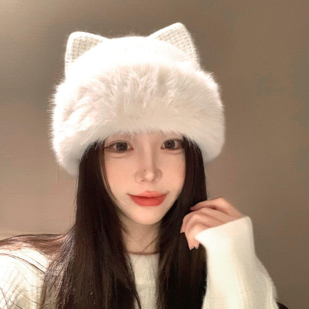 Plush Cat Ear Beanie Warm Pullover Hat Casual Knitted Winter Cap Winter Wear