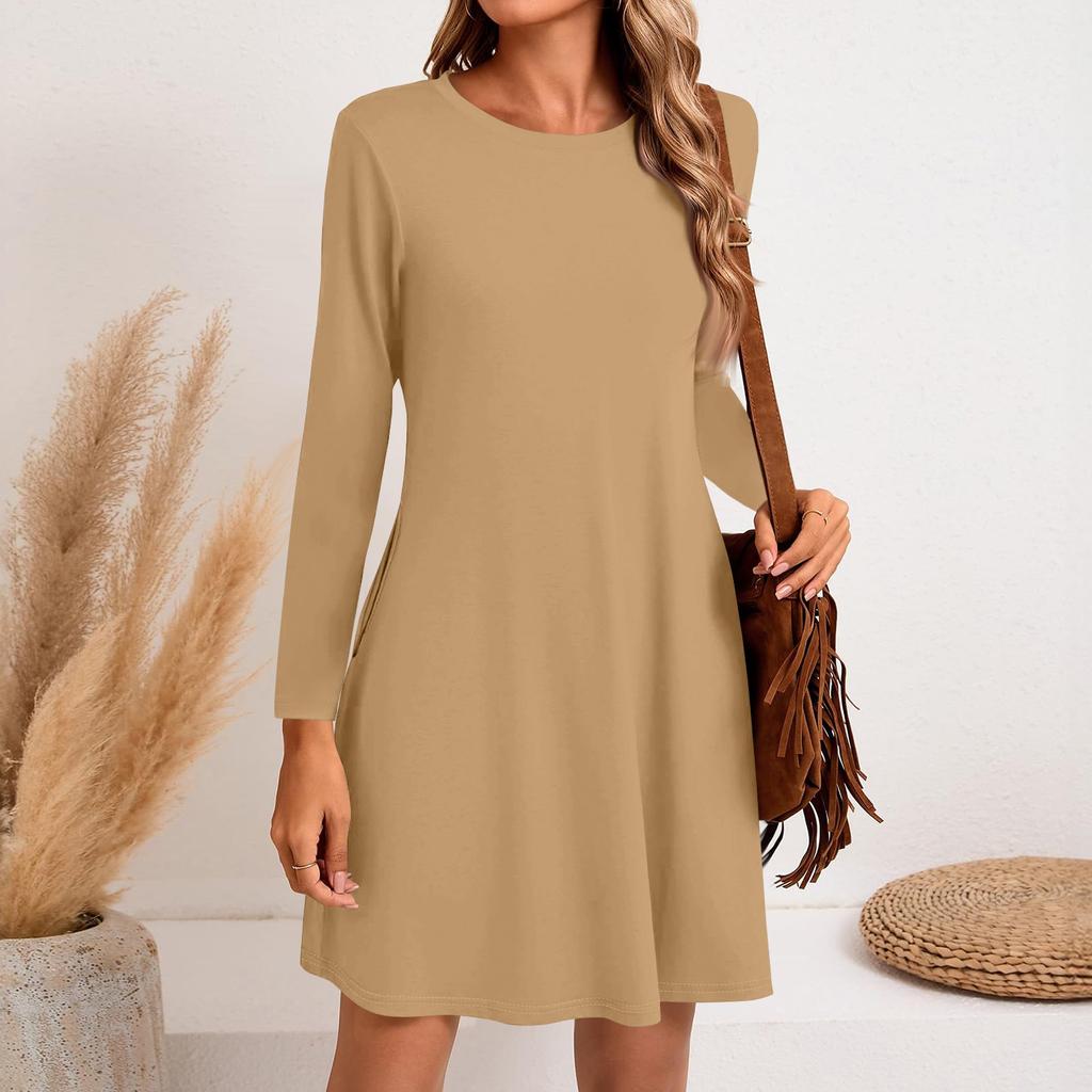 Женское модное повседневное однотонное платье с круглым вырезом и длинным рукавом, короткими боковыми карманами