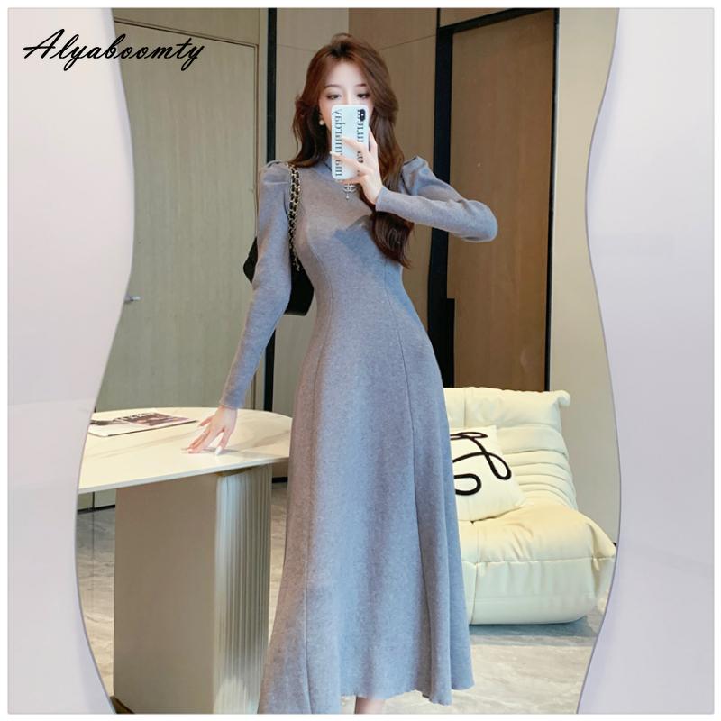 Французский стиль, осенне-зимнее женское платье-свитер миди, с половиной воротником, черное, серое, кофейное, вязаное платье, элегантное женственное трикотажное платье