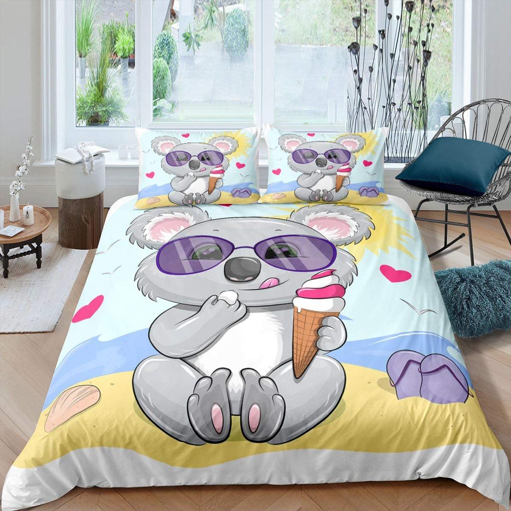 Koala Duvet Cover Set Blooming Floral Branch Bear Comforter Palm Tree Leaf Wildlife Cartoon Polyester Quilt