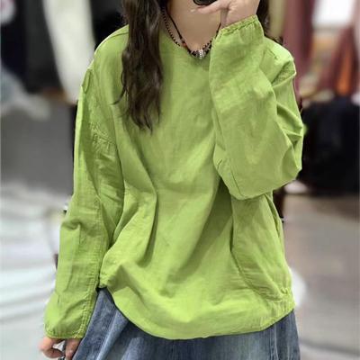 Весенняя корейская двухслойная хлопковая и льняная футболка с круглым вырезом, свободная универсальная, с длинными рукавами, повседневный топ