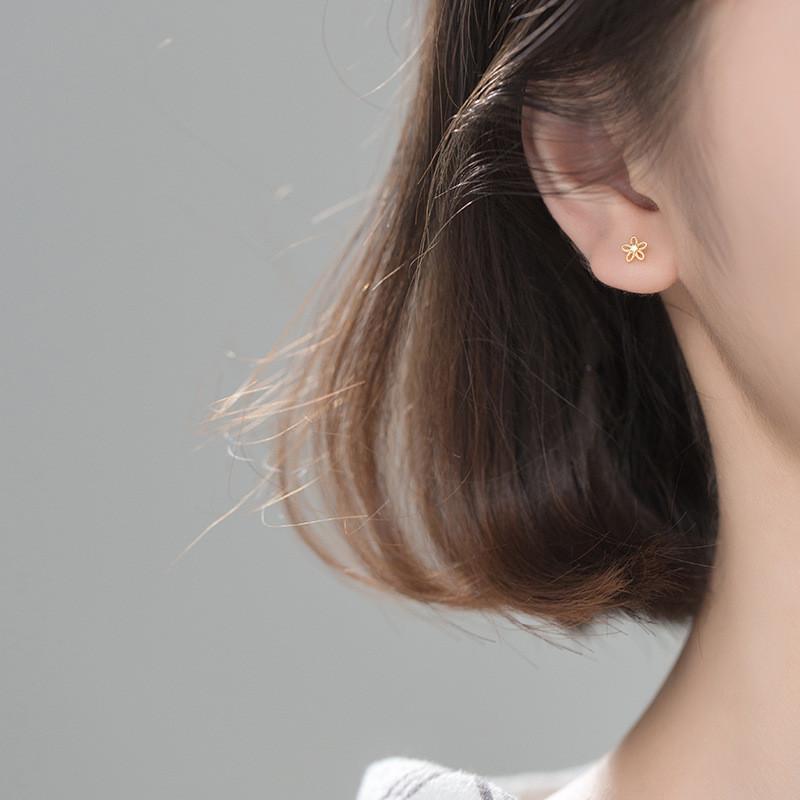 WANTME Real 100% 925 Silver Cute Sweet Hollow Mini Small Flower Geometric Stud Earrings for Women Korean Fine Jewelry