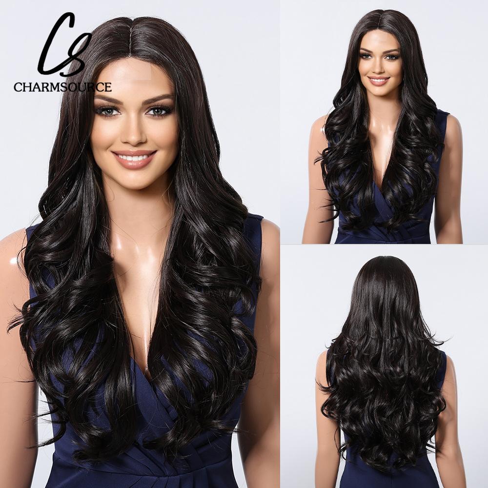 CharmSource Hairline Lace Synthetic Wigs Black Long Wavy Ladies Wig for Women's Cosplay High Density Heat Resistant Fiber