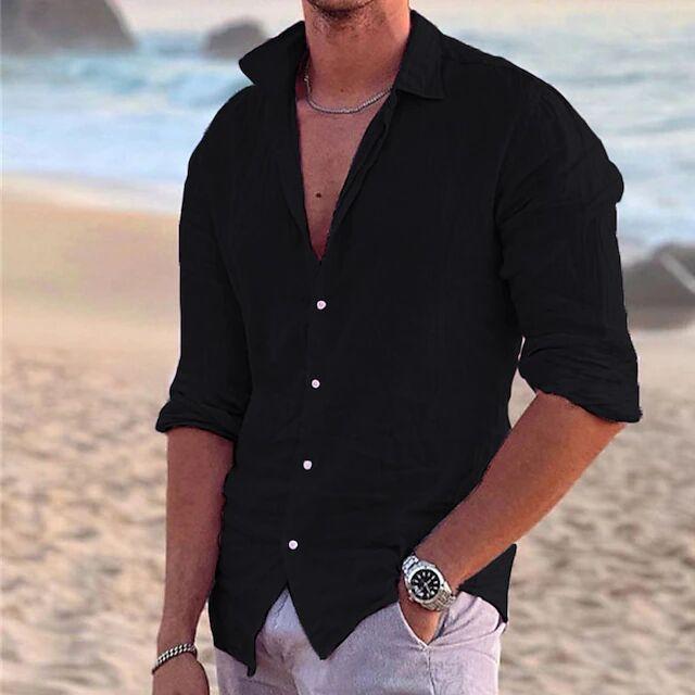 Men's Linen Summer Beach Shirt Long Sleeve Solid Color Lapel Spring Summer Outdoor Street Shirt