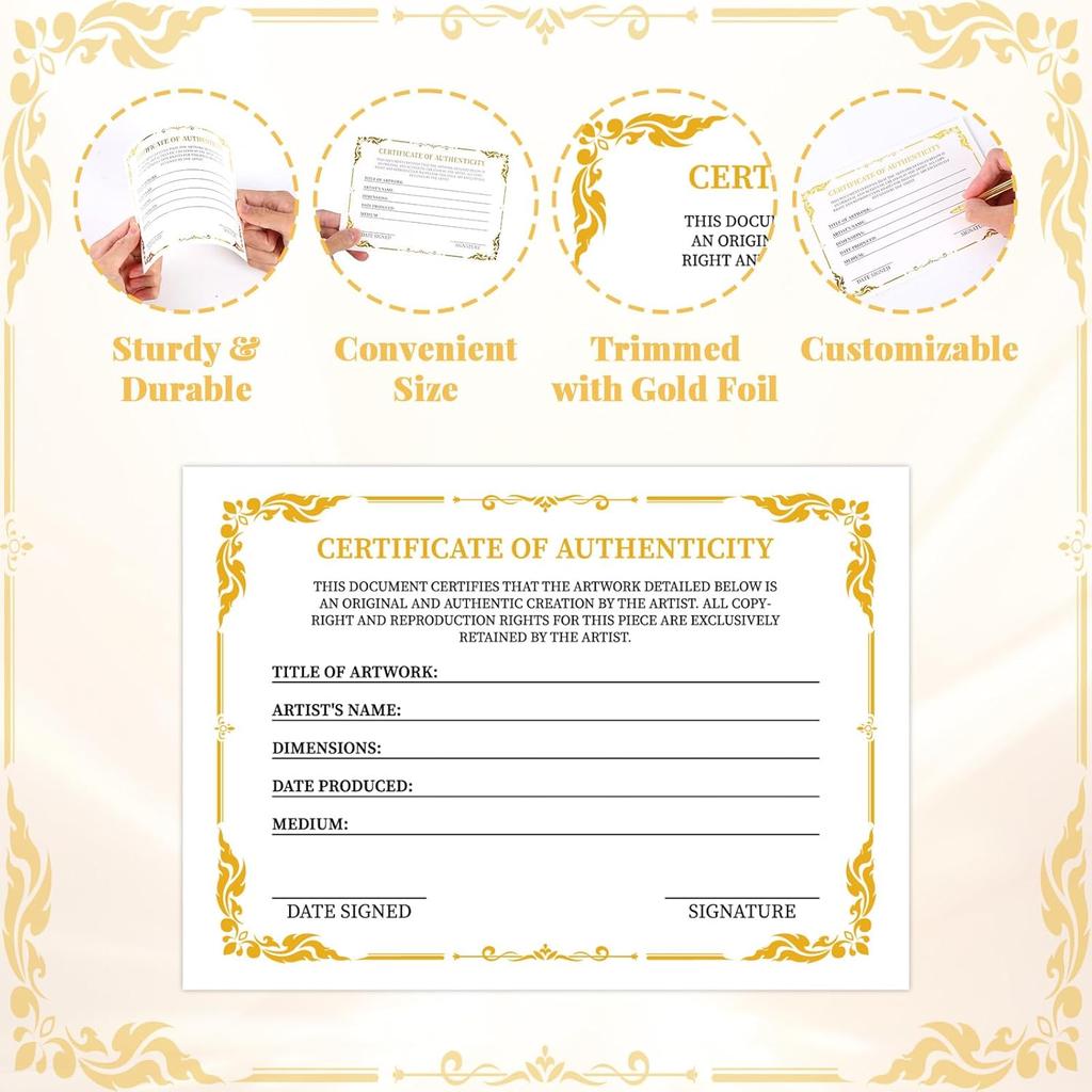 24 Pieces 5 x 7 Inch Certificate of Authenticity Gold Foil Premium Certificates for Valuations Collectibles and Artwork Gifts for Artists Artisans