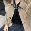 Available: Women's European and American Style Double-Breasted Faux Suede Long Coat with Collar and Long Sleeves