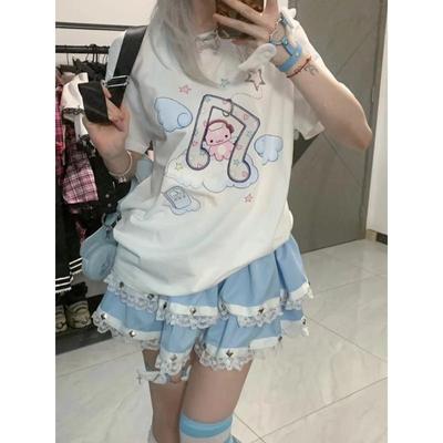 Летние милые футболки Kawaii, женские японские модные уличные футболки в стиле Харадзюку с мультяшным принтом, свободные футболки, топы, мягкие футболки для девочек, 2024 Y2k