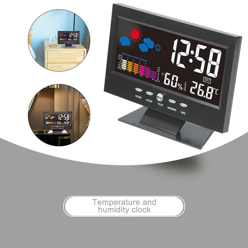 Цветной ЖК-экран, цифровой дисплей, повтор будильника, монитор температуры и влажности в помещении, прогноз погоды, отображение времени и даты, инструмент для часов