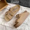 Leather Thick-soled Heightened Half-slippers for Women's Outer Wear Summer New Cork-bottomed Boken One-word Cool Slippers