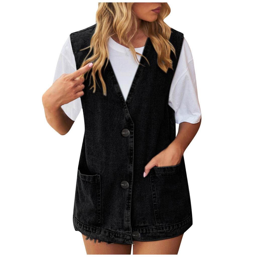 Women's Casual Denim Vest Vest Large Pocket Sleeveless Vest Jacket