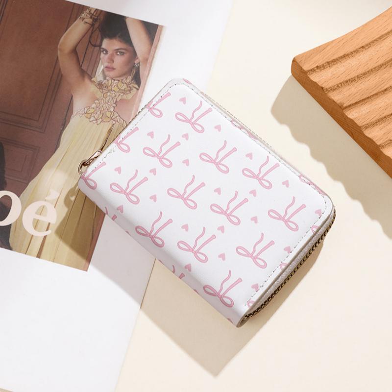 Cute Bow Print PU Leather Card Holder Multiple Slots Secure Zipper Coin Purse Small Wallet for Weekend Trips