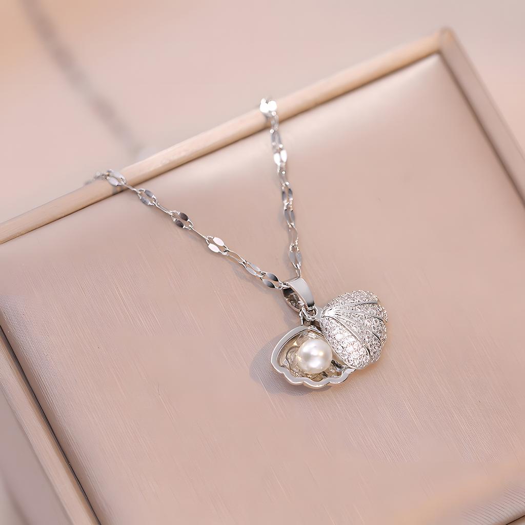 UhBinyca Korean Style Starfish Shell Zircon Inlaid Open Shell Pearl Pendant Necklace for Women Female Stainless Steel Artificial Pearls Jewelry