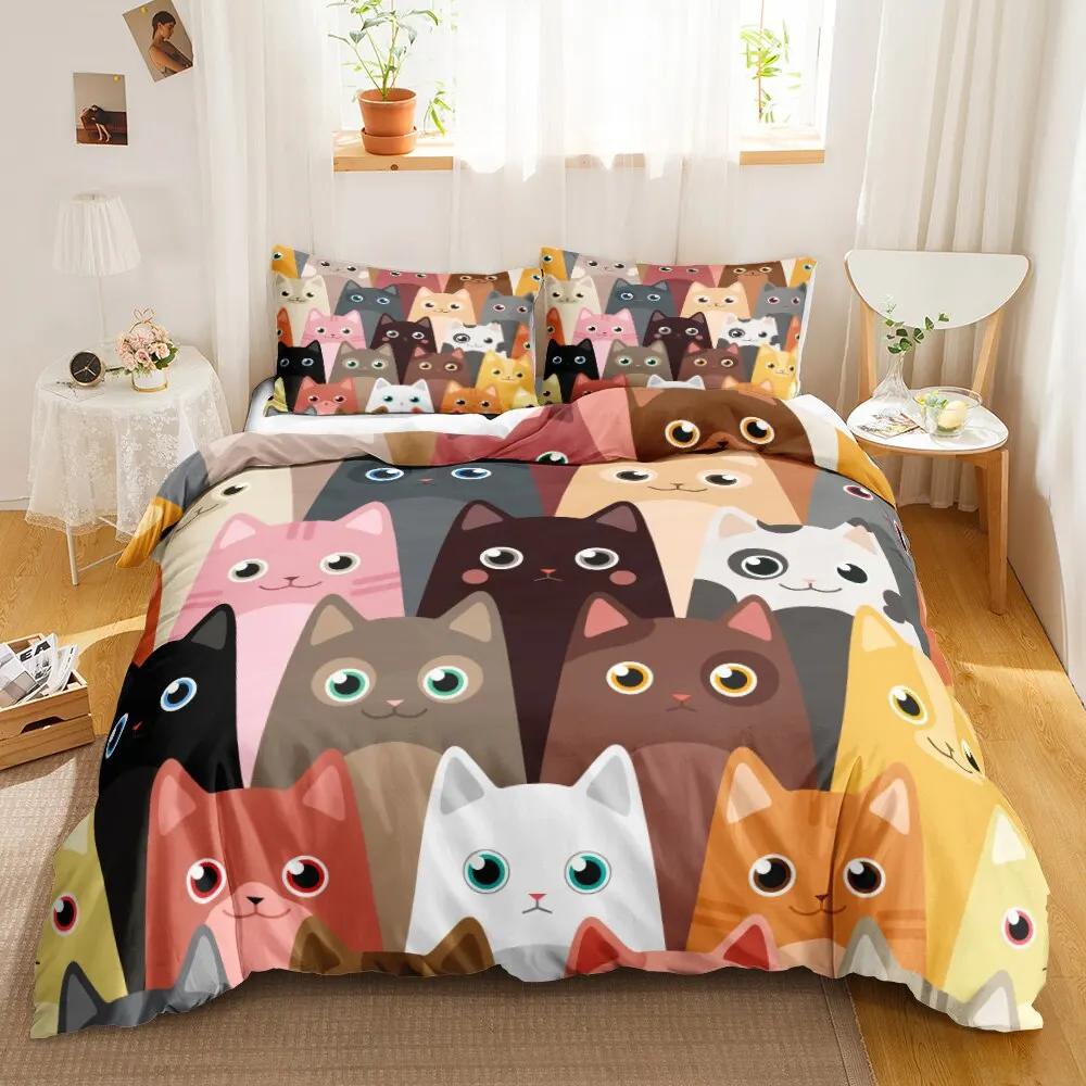 Cat Duvet Cover Set Digital Different Color Cartoon Cute Cat Bedding Set Bedclothes Double Queen King Size Polyester Qulit Cover