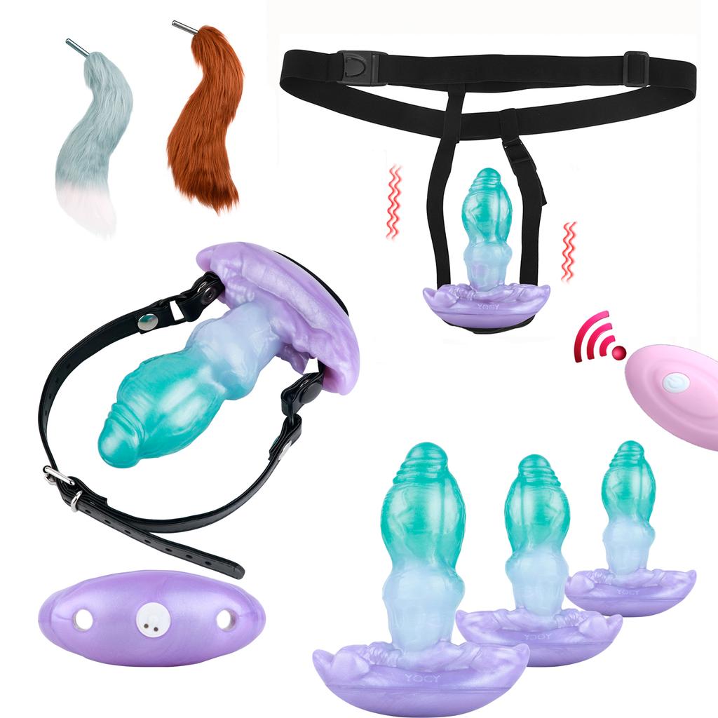 FAAK Green Size S M L Wireless Control Vibrating Strapon Fantasy Knot Anal Plug with Large Tail WearableMouth Gag BDSM Sex Toys