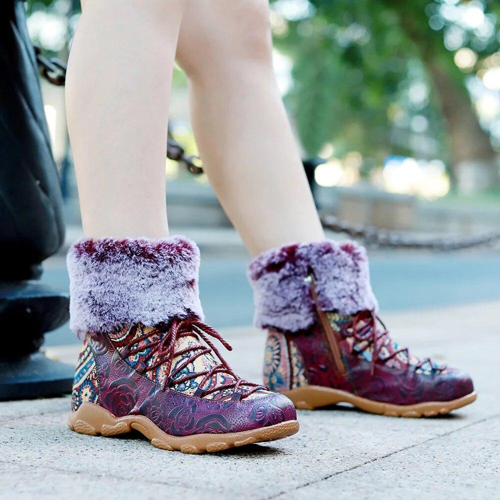 Johnature Handmade Genuine Leather Printed Short Boots With Plush Warm Comfortable Snow Boots Women Shoes